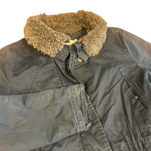 HM LOGG Navy Blue Parka Jacket Faux Fur Collar Quilted Lining Womens Size 6